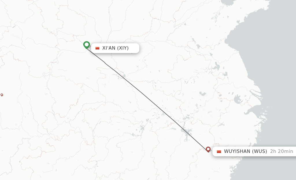 Flights from Xian to Wuyishan route map
