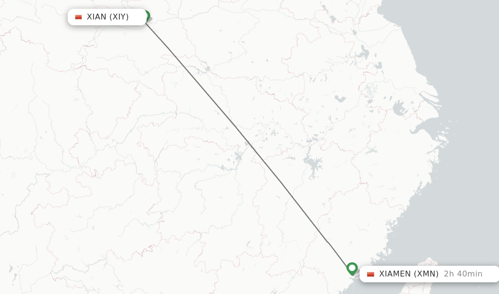 Flights from Xian to Xiamen route map
