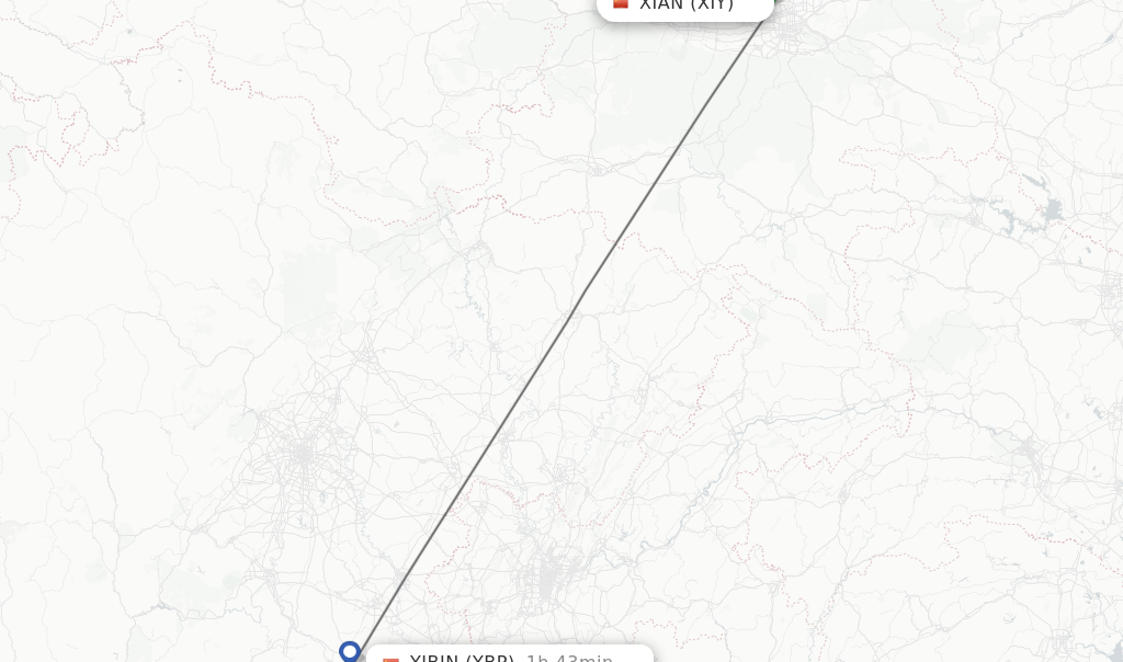 Flights from Xian to Yibin route map