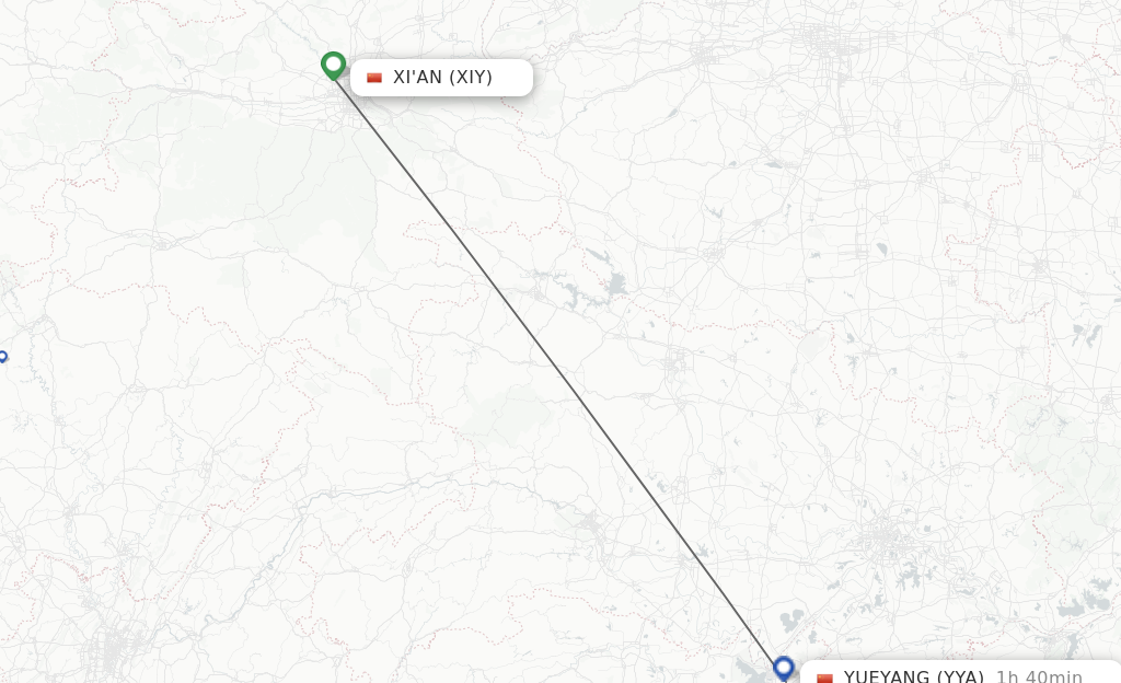 Flights from Xian to Yueyang route map