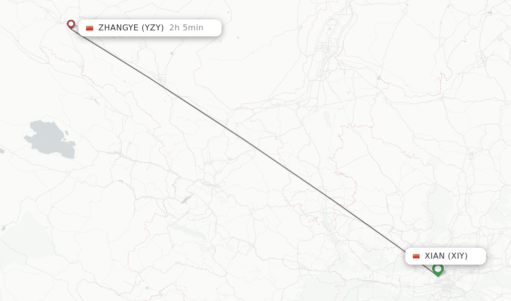 Flights from Xian to Zhangye route map