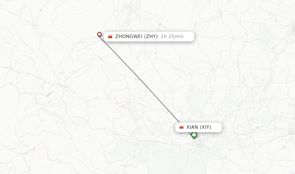 Flights from Xian to Zhongwei route map