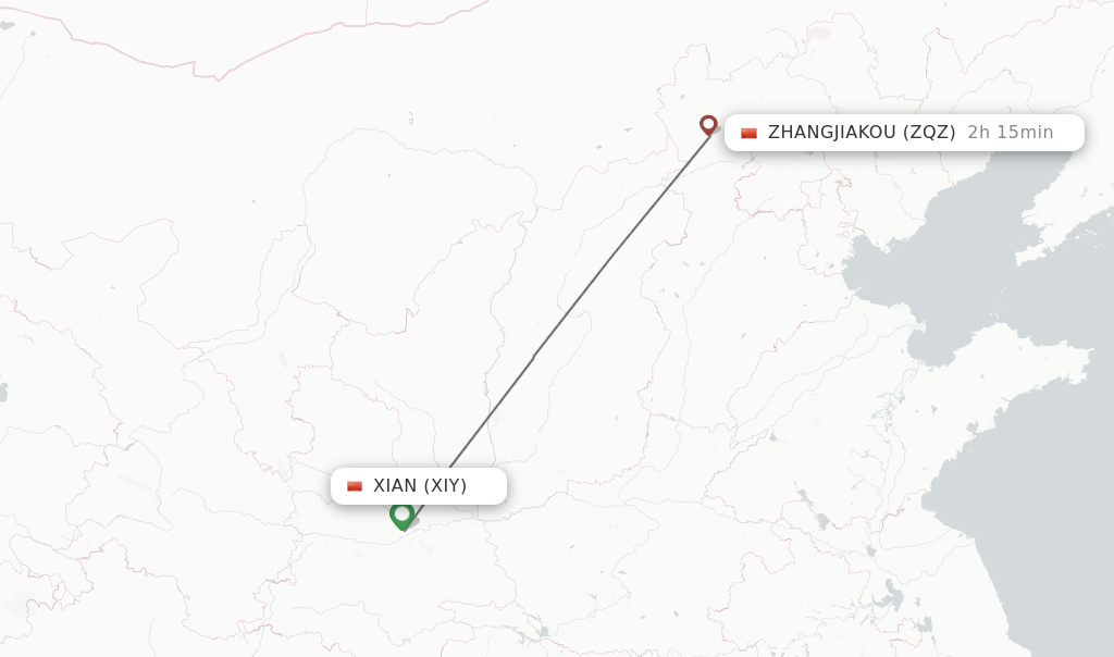 Flights from Xian to Zhangjiakou route map