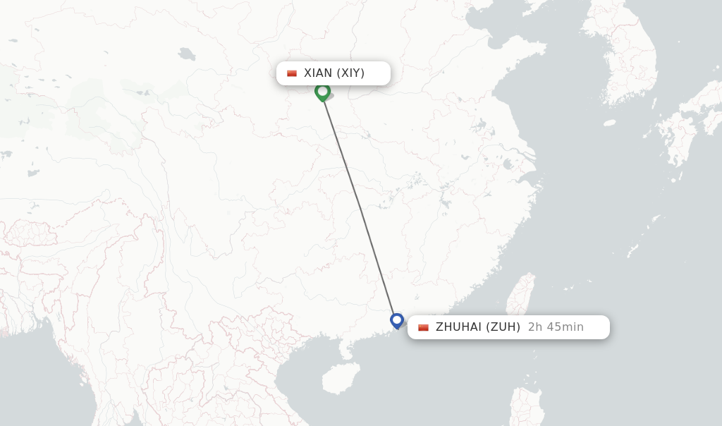 Flights from Xian to Zhuhai route map