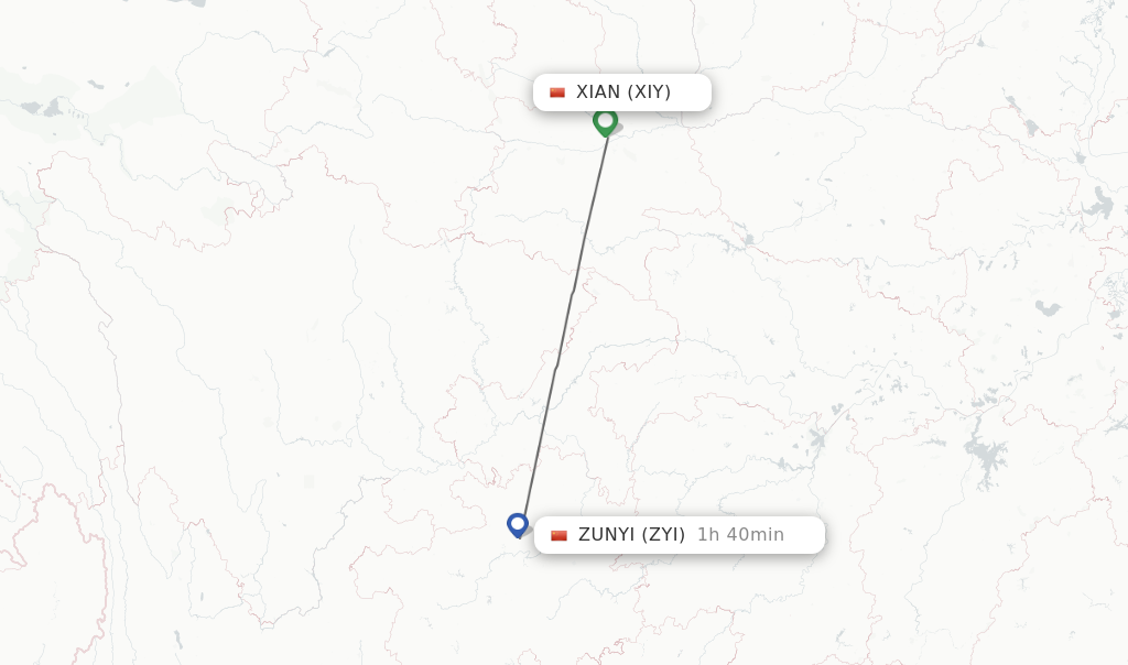 Flights from Xian to Zunyi route map