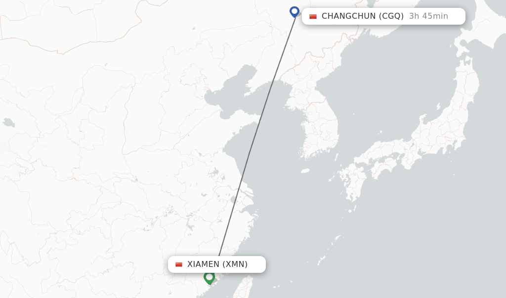 Flights from Xiamen to Changchun route map