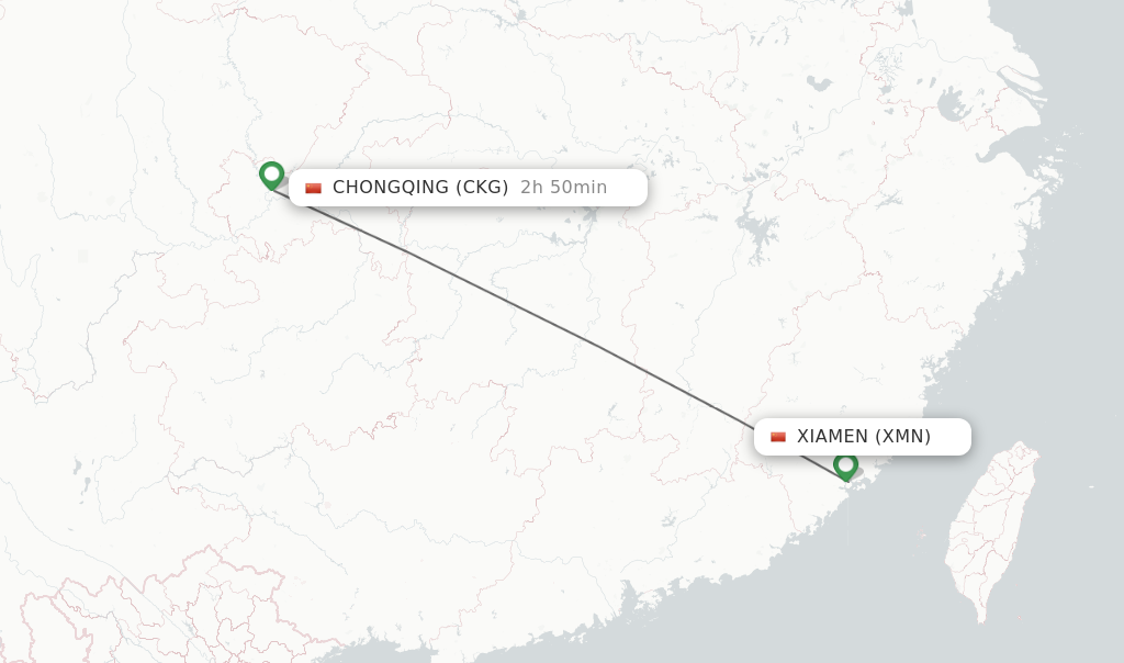 Flights from Xiamen to Chongqing route map