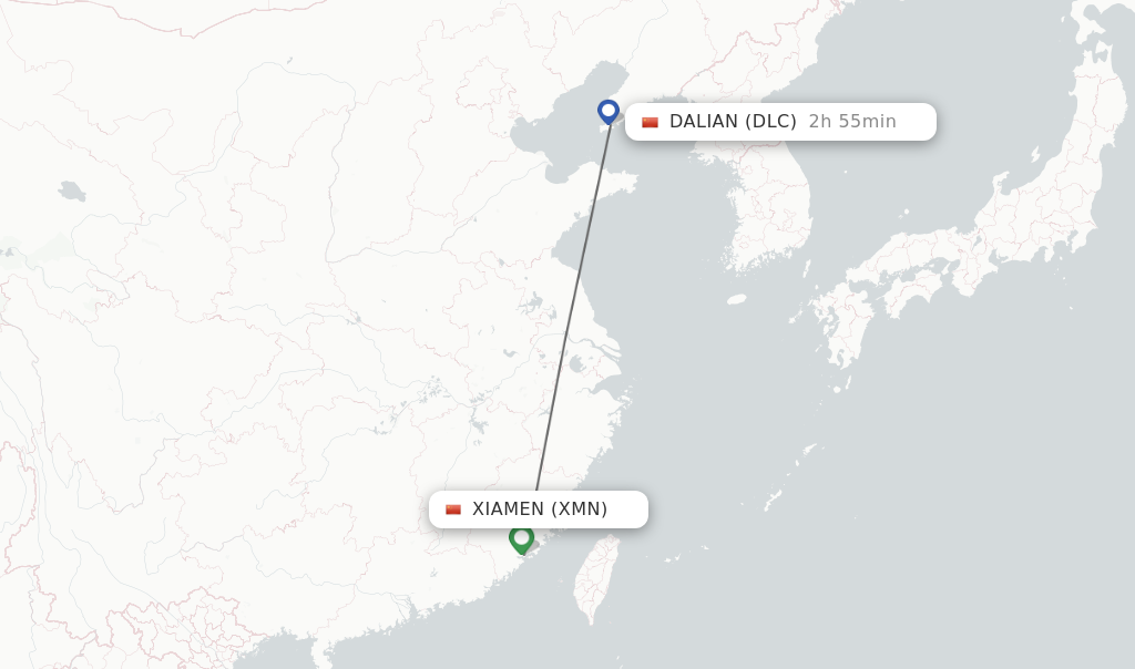 Flights from Xiamen to Dalian route map