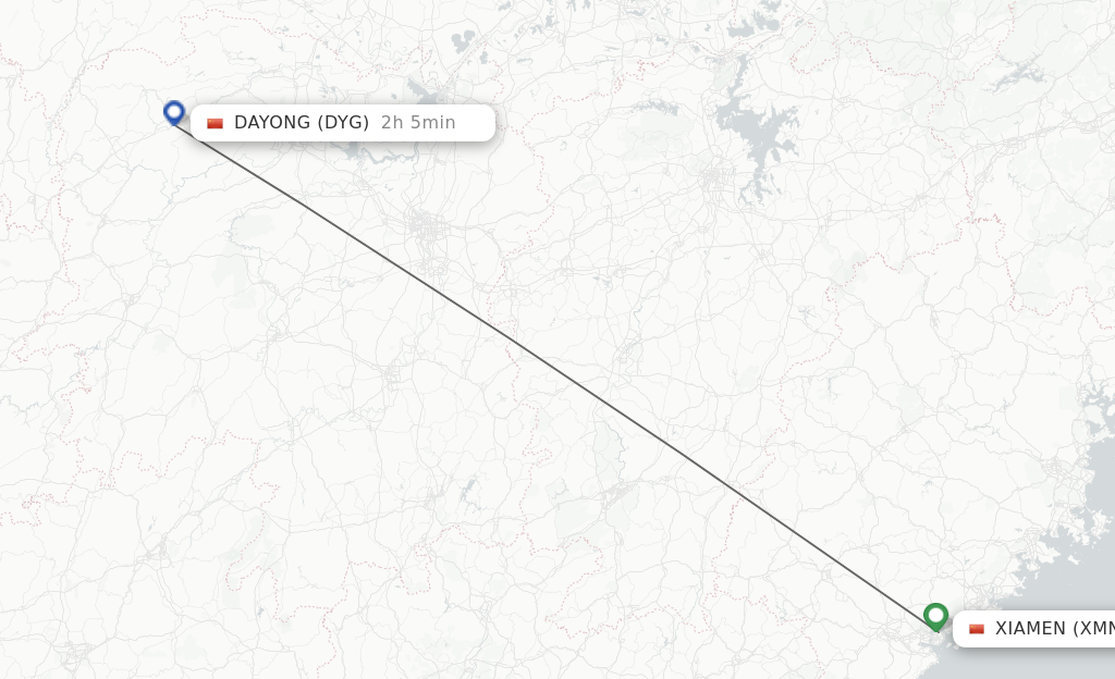 Flights from Xiamen to Dayong route map