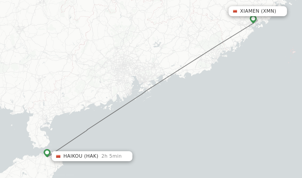 Flights from Xiamen to Haikou route map