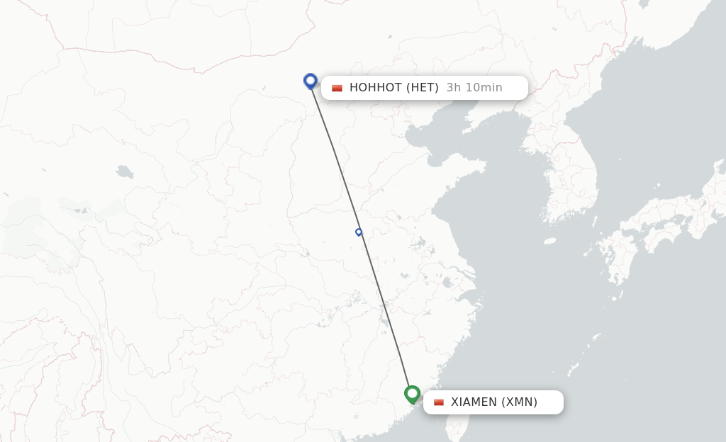 Flights from Xiamen to Hohhot route map