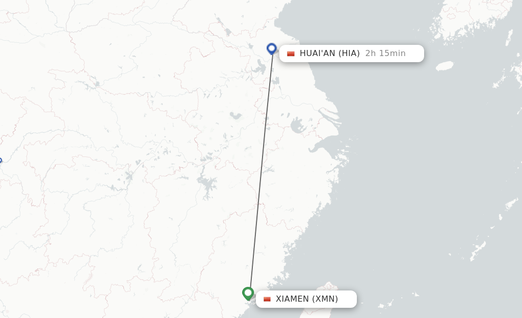Flights from Xiamen to Huai'an route map
