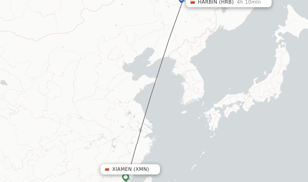 Flights from Xiamen to Harbin route map