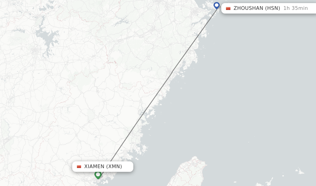 Flights from Xiamen to Zhoushan route map