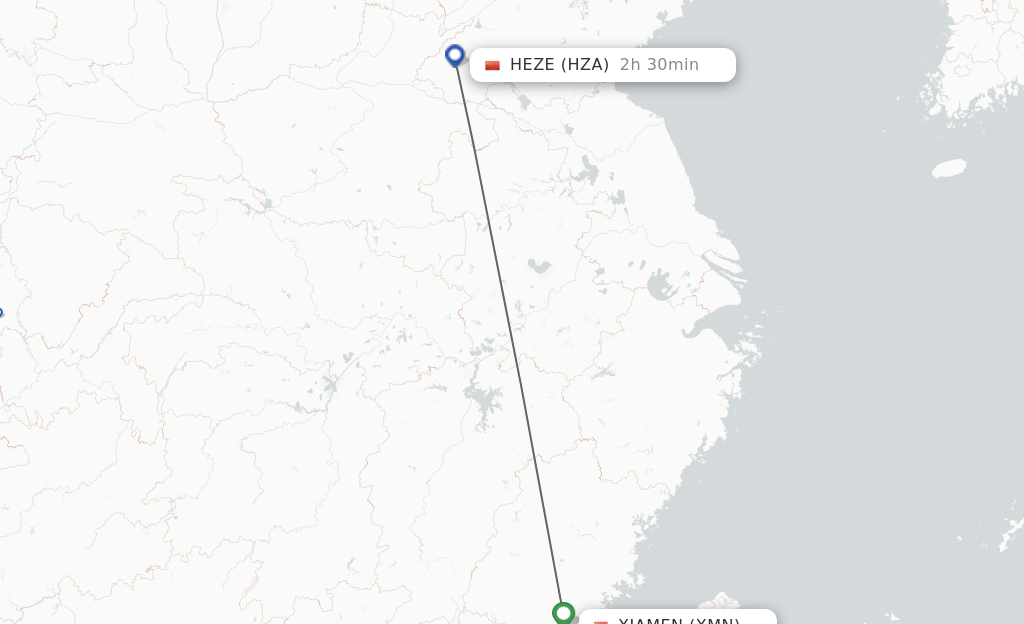 Flights from Xiamen to Heze route map