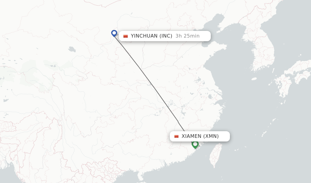Flights from Xiamen to Yinchuan route map