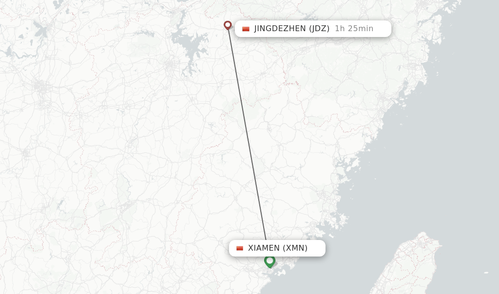 Flights from Xiamen to Jingdezhen route map