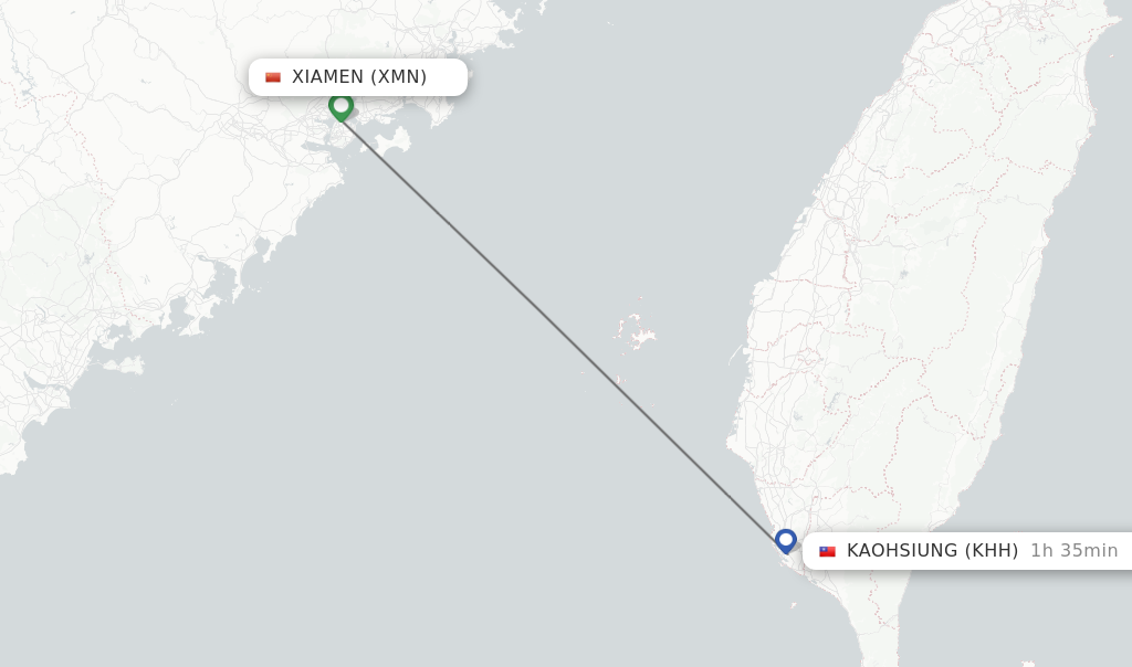 Flights from Xiamen to Kaohsiung route map