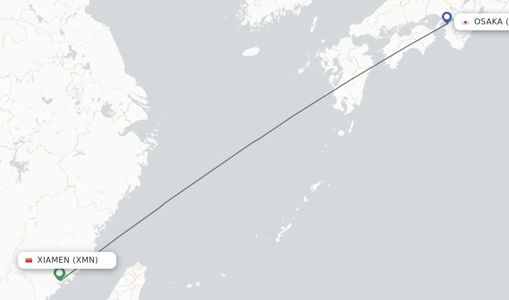 Flights from Xiamen to Osaka route map