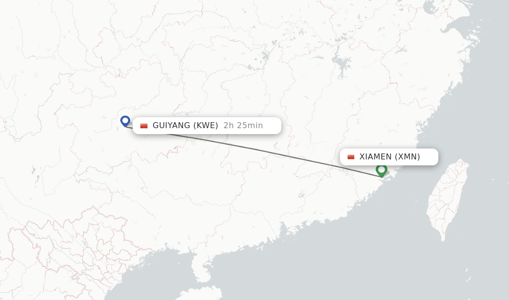 Flights from Xiamen to Guiyang route map