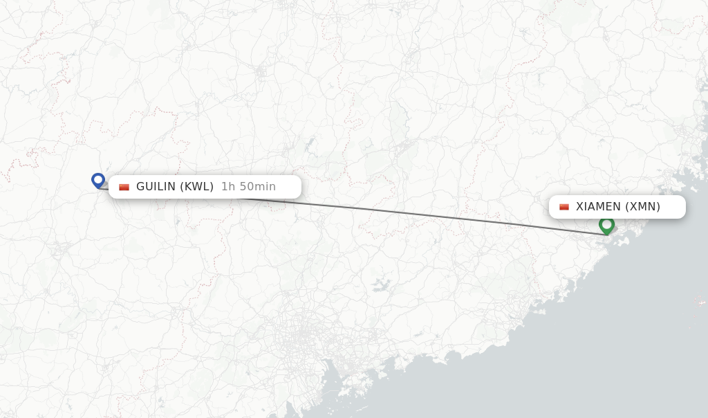 Flights from Xiamen to Guilin route map