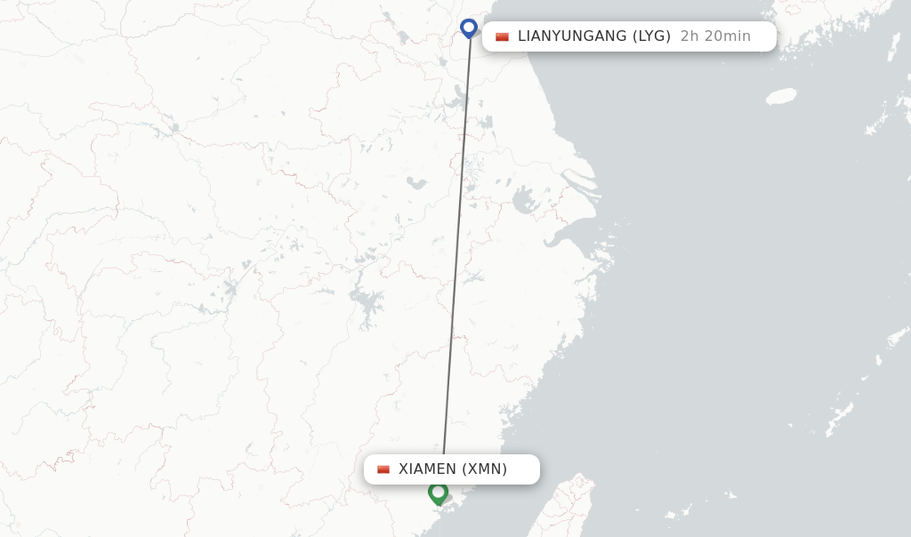 Flights from Xiamen to Lianyungang route map