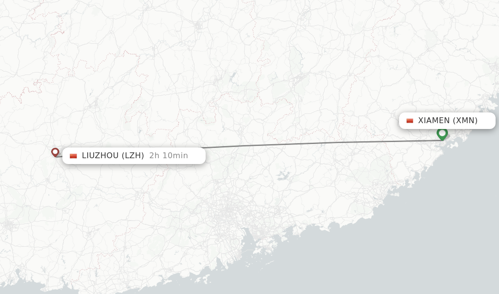 Flights from Xiamen to Liuzhou route map