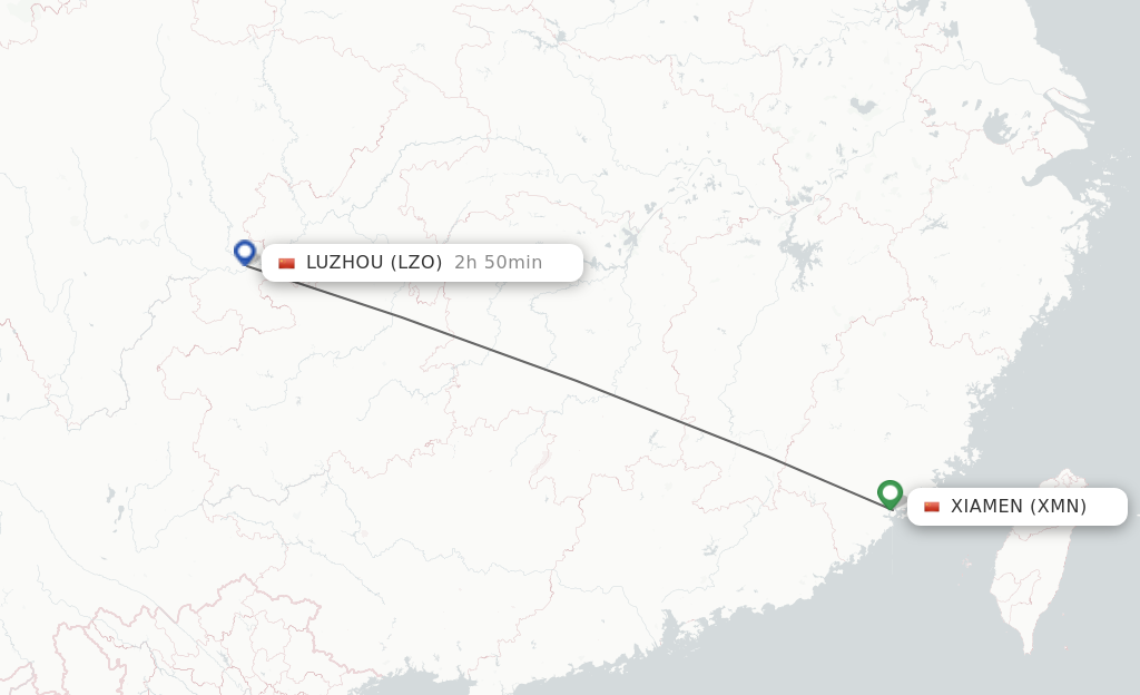 Flights from Xiamen to Luzhou route map