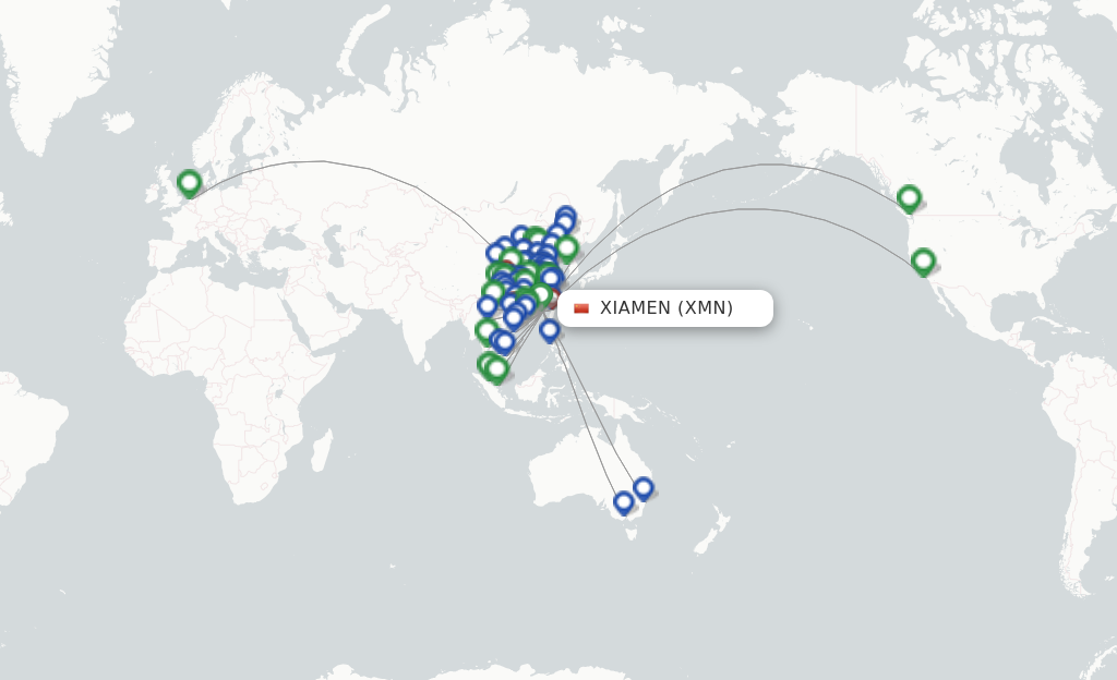 Route map with flights from Xiamen with Xiamen Airlines