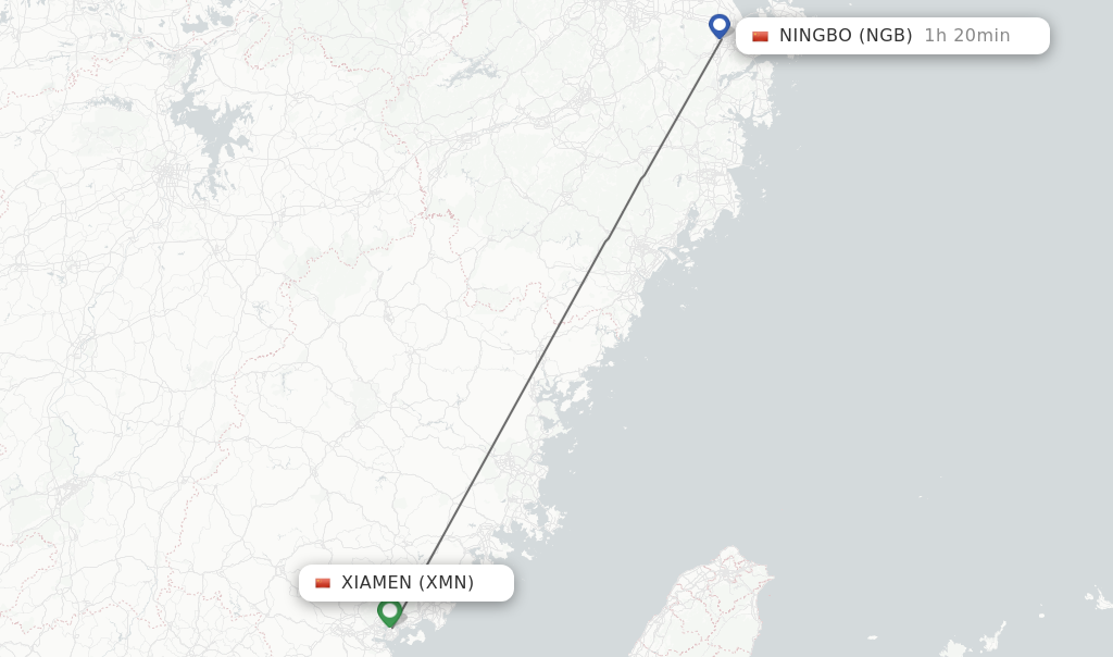 Flights from Xiamen to Ningbo route map