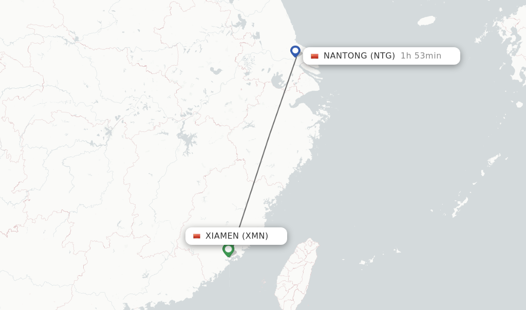 Flights from Xiamen to Nantong route map