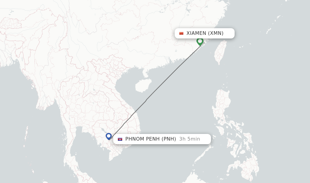 Flights from Xiamen to Phnom Penh route map
