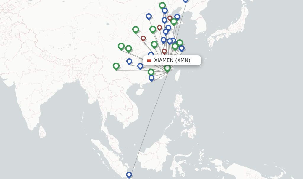 Route map with flights from Xiamen with Shandong Airlines