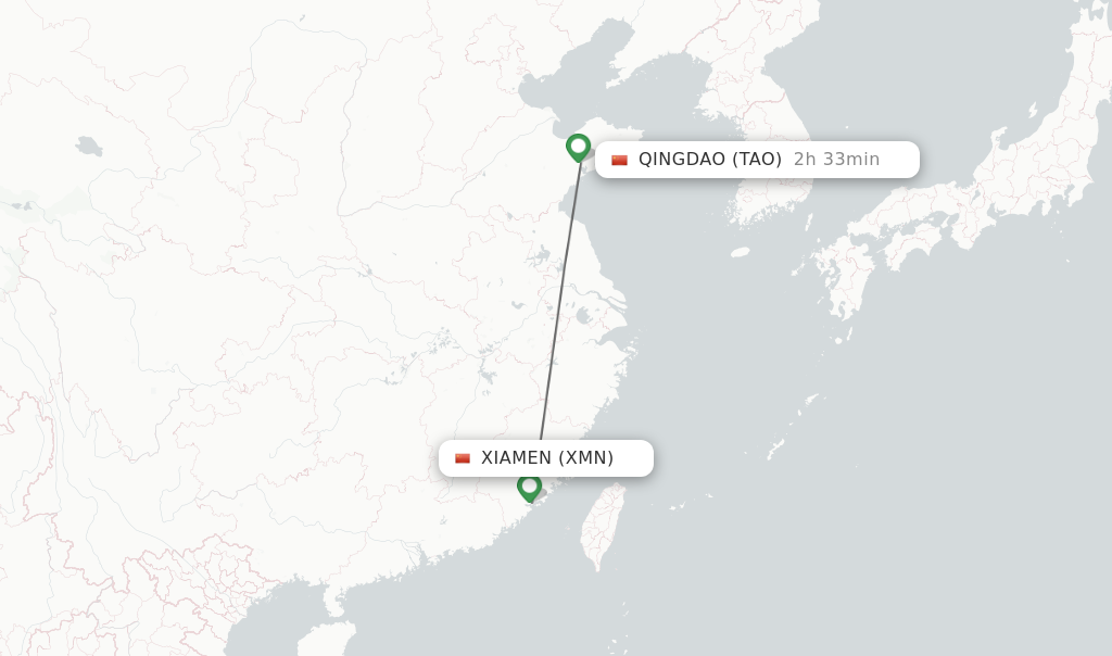 Flights from Xiamen to Qingdao route map