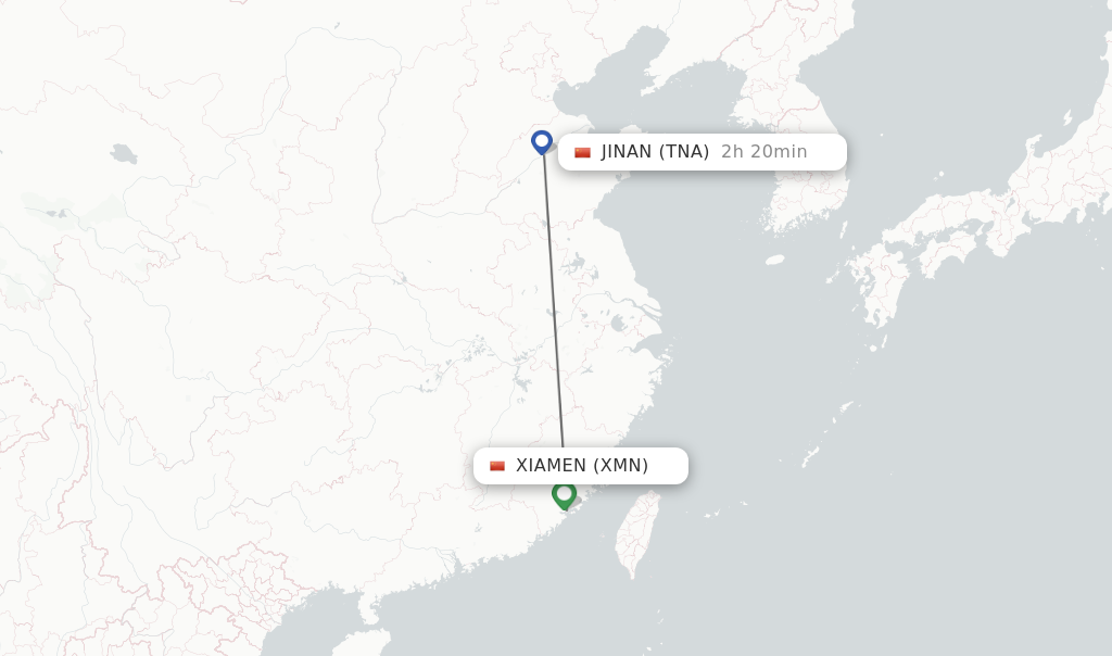Flights from Xiamen to Jinan route map