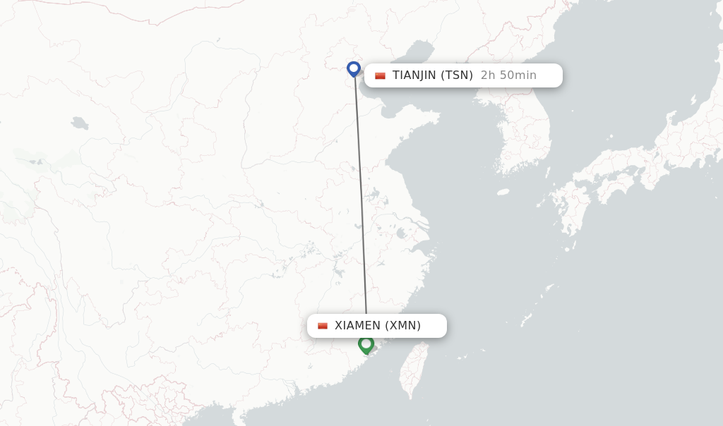 Flights from Xiamen to Tianjin route map