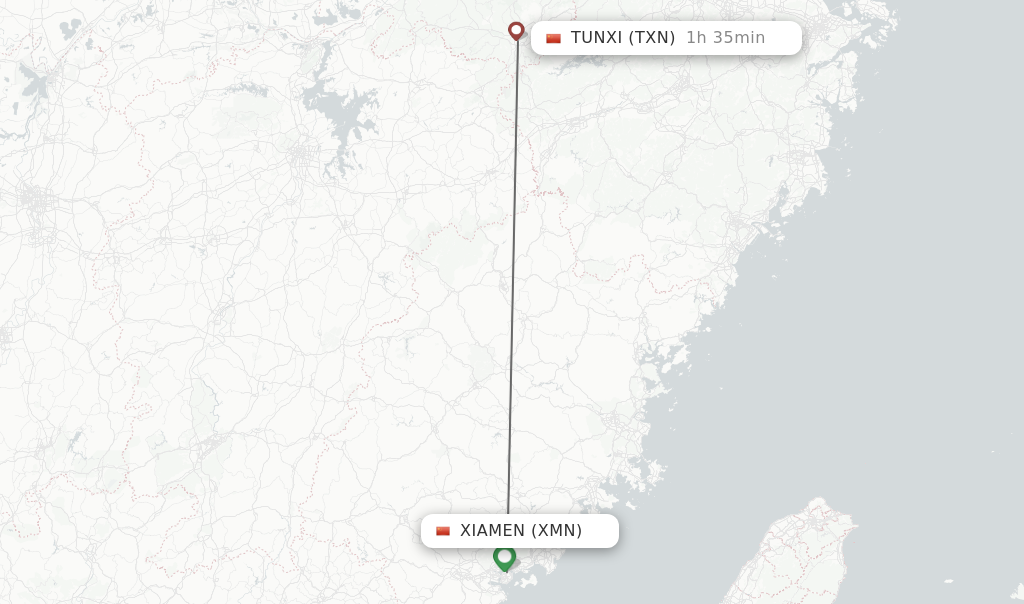 Flights from Xiamen to Tunxi route map
