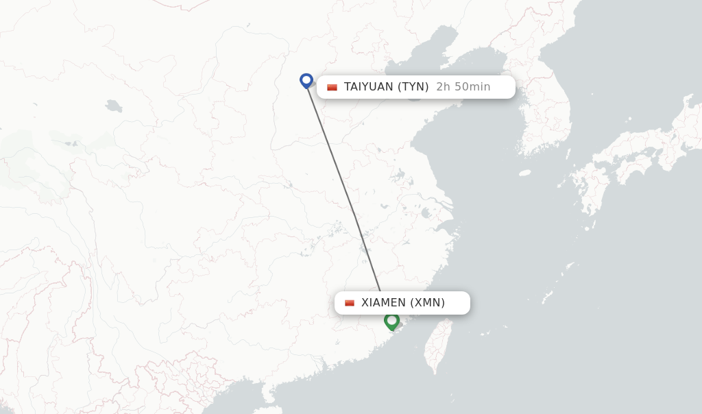 Flights from Xiamen to Taiyuan route map