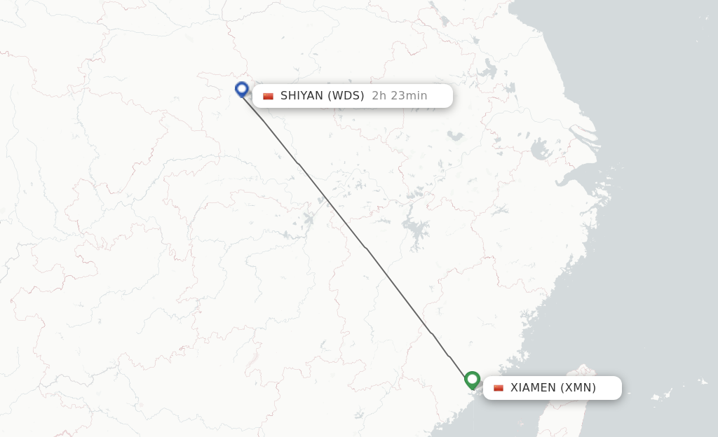 Flights from Xiamen to Shiyan route map