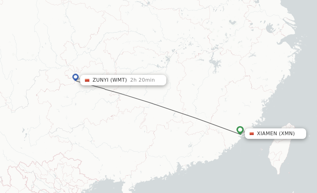 Flights from Xiamen to Zunyi route map