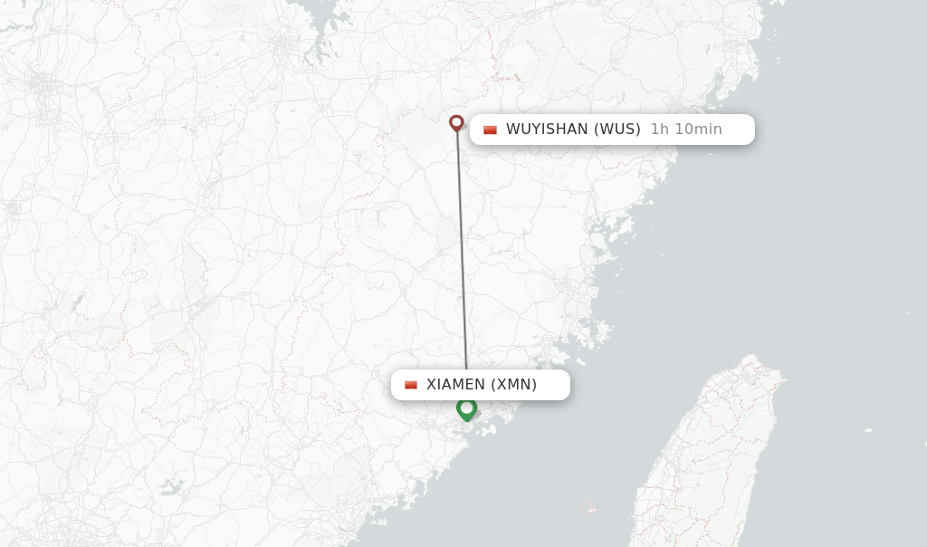 Flights from Xiamen to Wuyishan route map