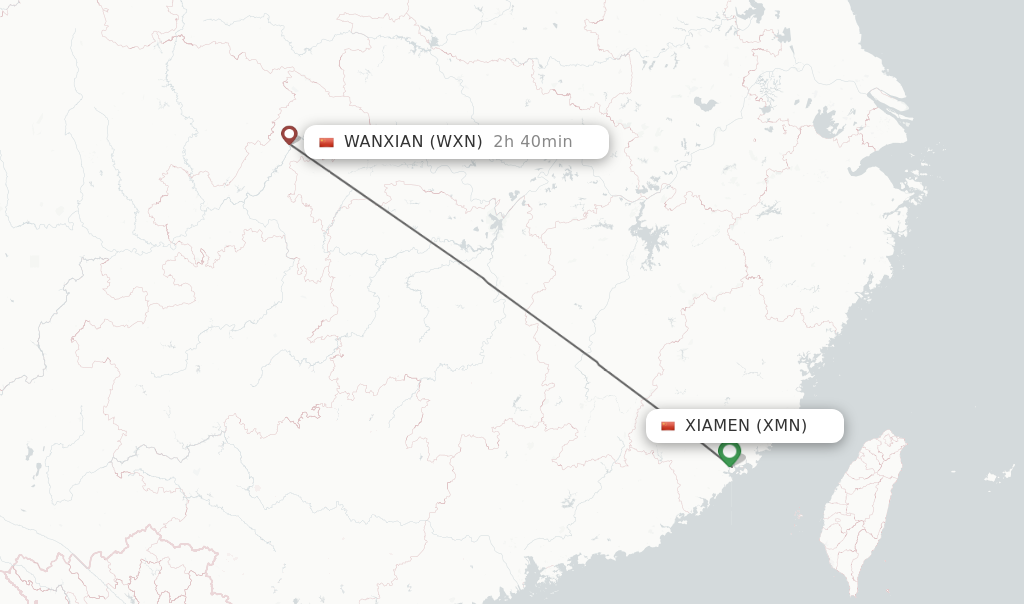 Flights from Xiamen to Wanxian route map