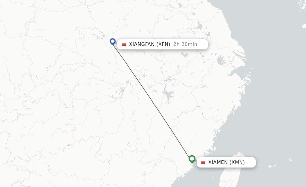 Flights from Xiamen to Xiangyang route map