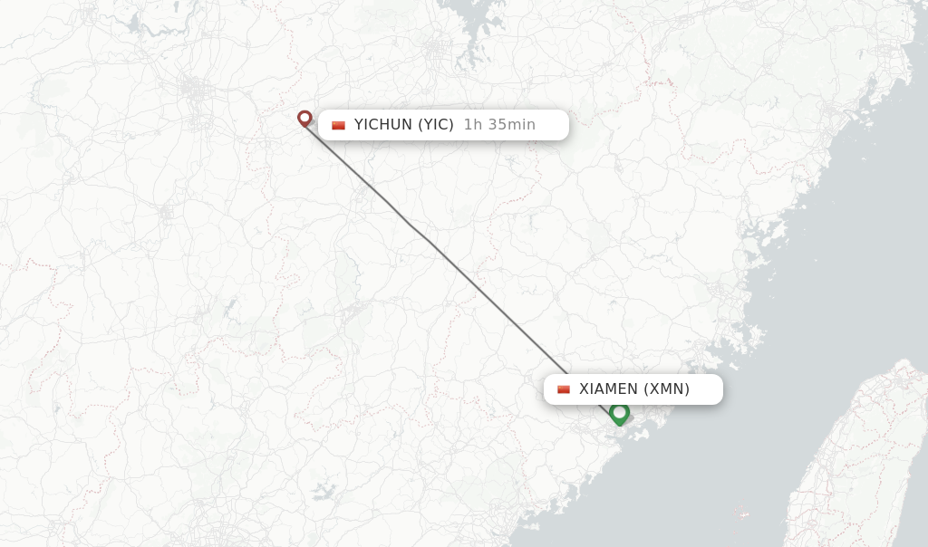 Flights from Xiamen to Yichun route map