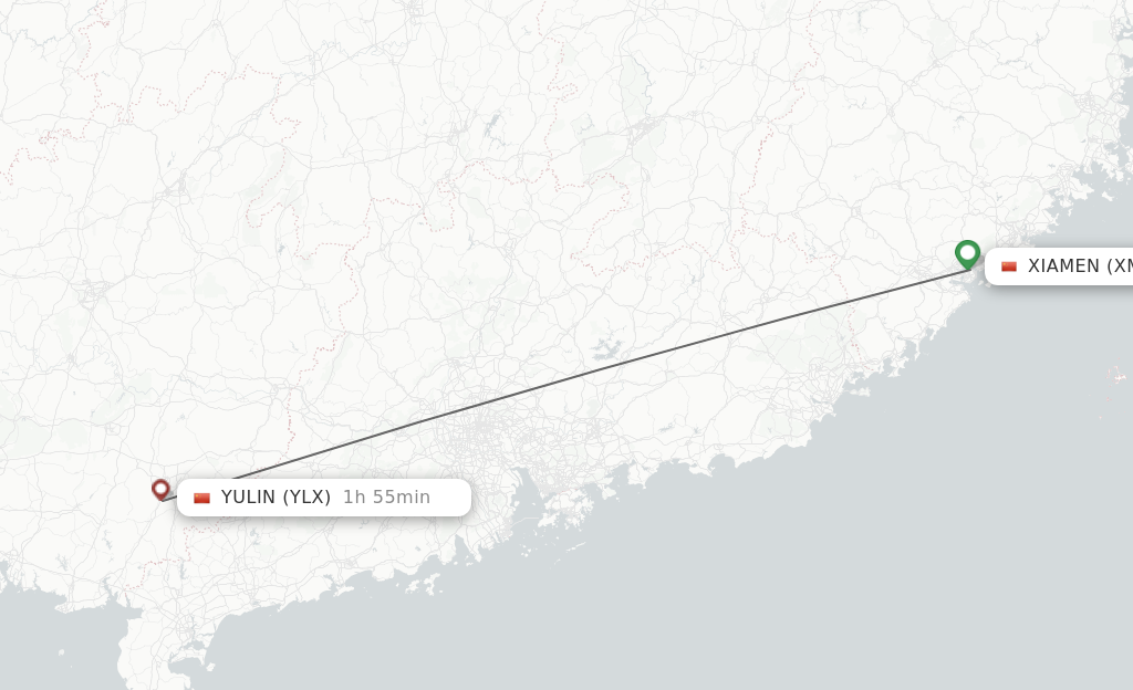 Flights from Xiamen to Yulin route map
