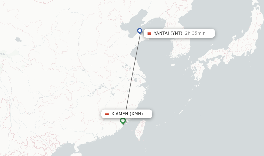 Flights from Xiamen to Yantai route map