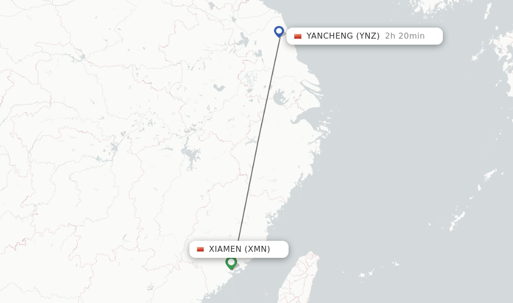 Flights from Xiamen to Yancheng route map