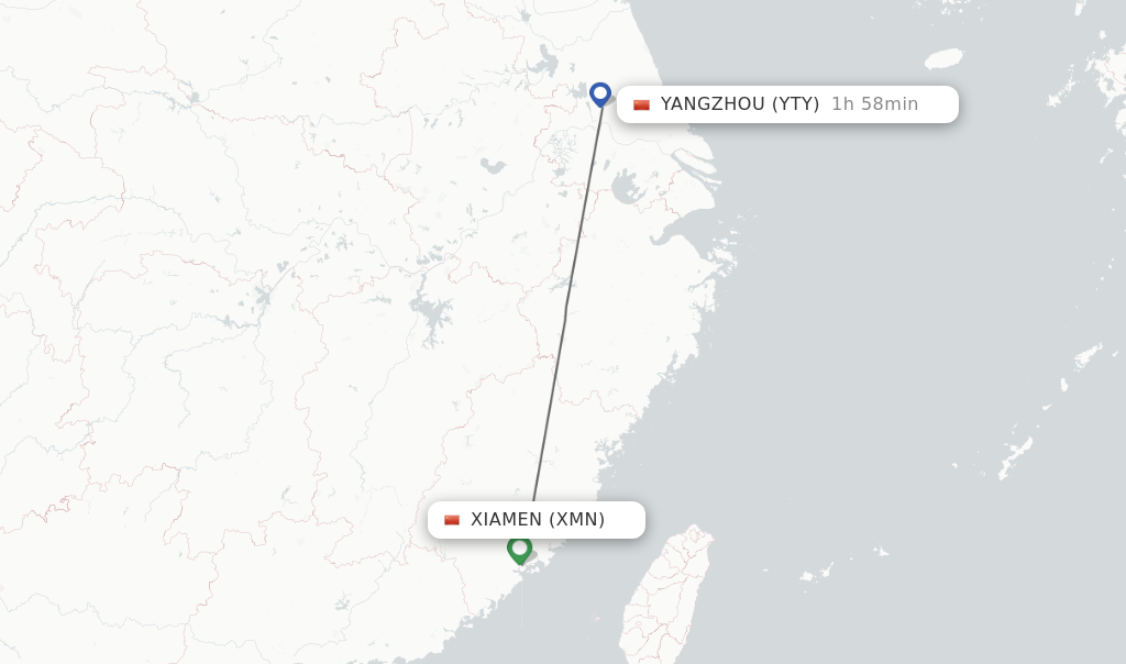 Flights from Xiamen to Yangzhou route map