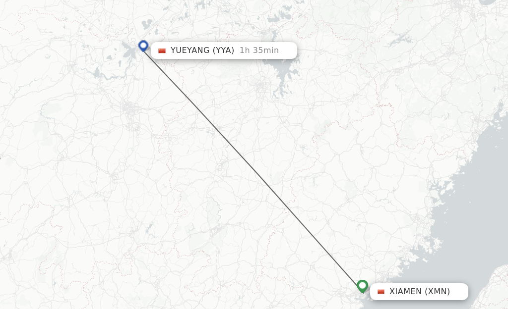 Flights from Xiamen to Yueyang route map