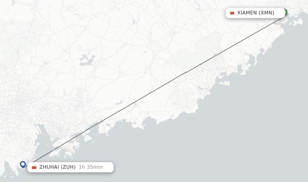 Flights from Xiamen to Zhuhai route map